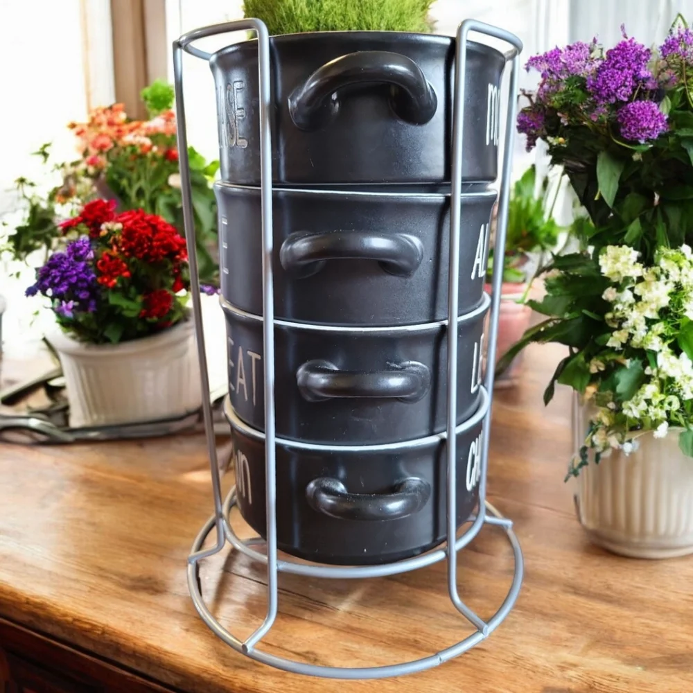 Vtg Boston Warehouse 4 Handled Black Souper Bowls White Script With Metal Rack